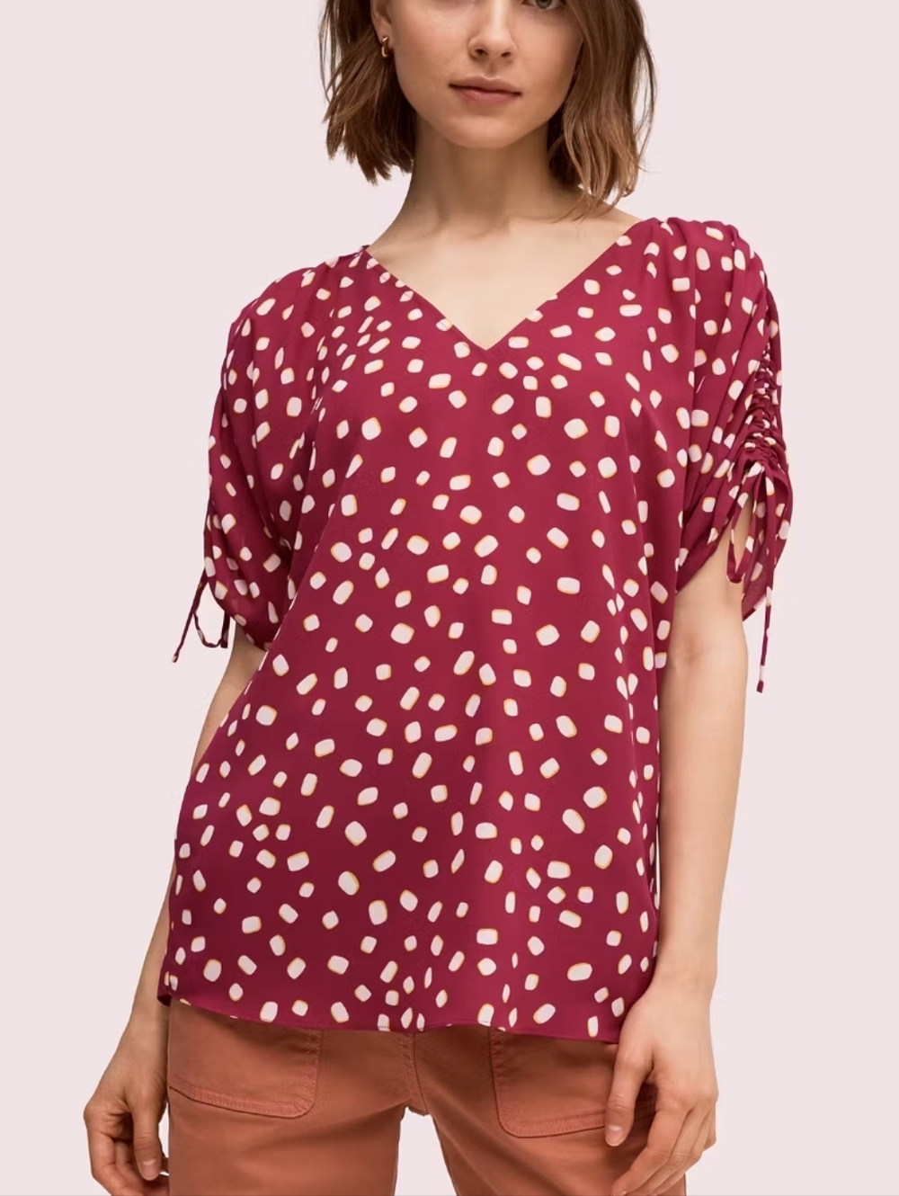 Kate Spade Mallow Dot Ruched Sleeve V-Neck Top - Berry Dot